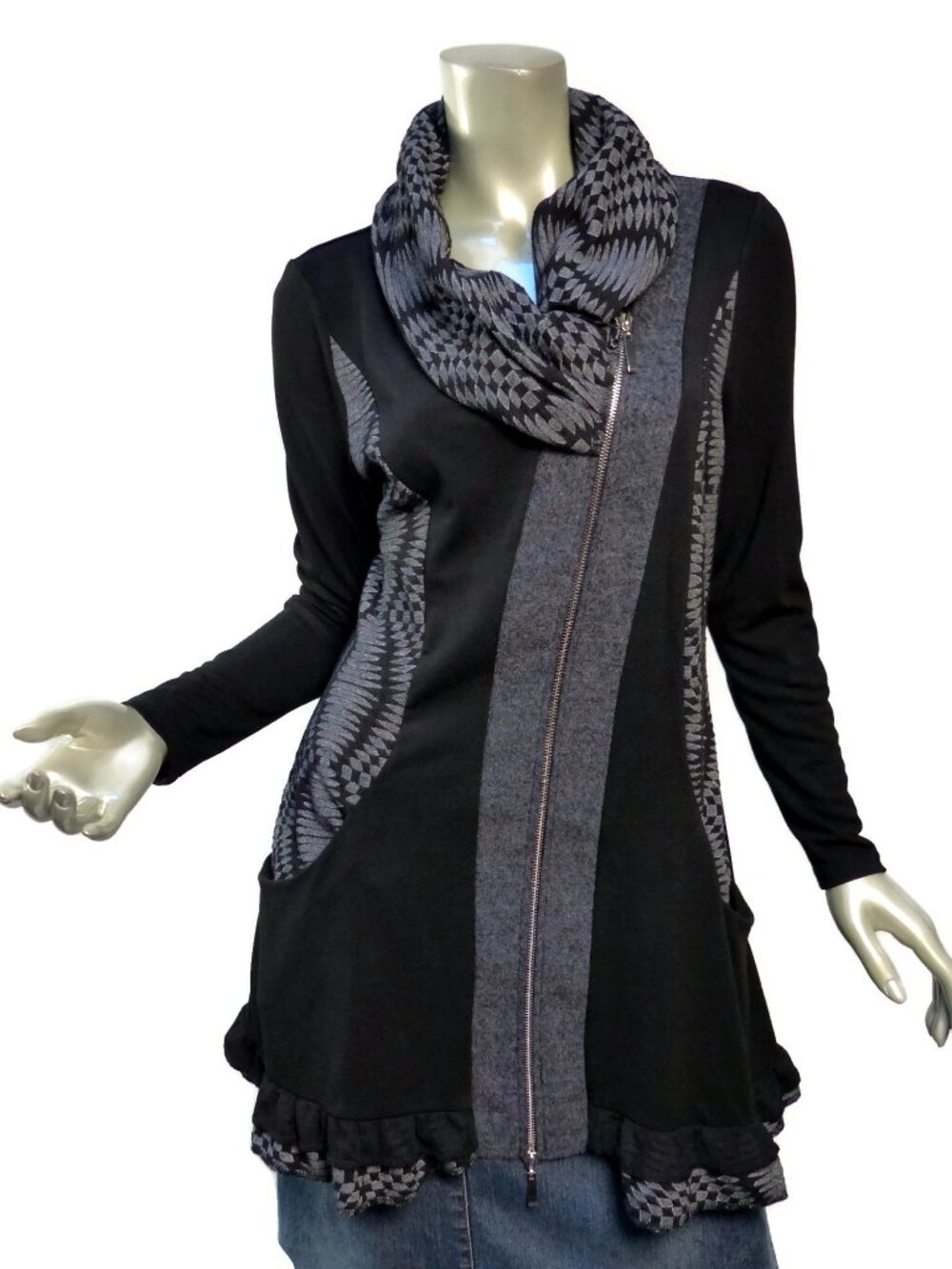 The Pyramid Collection Sz Small Knit Asymmetric Tunic Jacket Black Gray Pieced